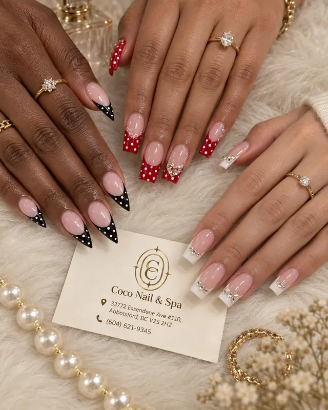 Classic white French nails with rhinestone bow details