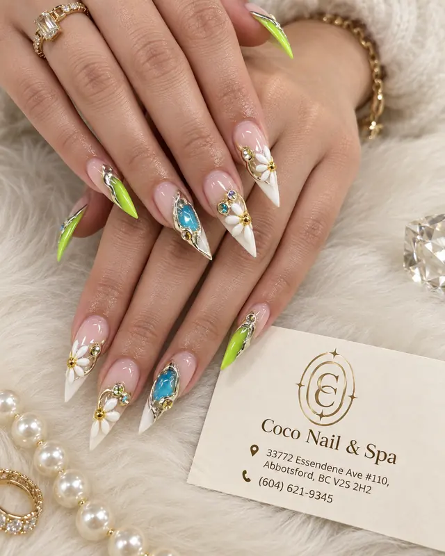 Lime green and white sculpted nail art