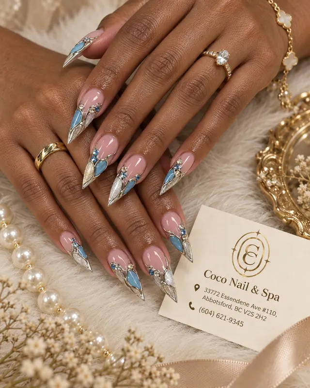 Blue chrome gemstone nails with gold accents