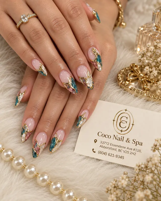Gemstone French nails in teal white and gold