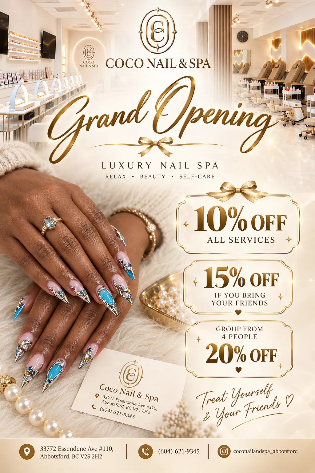 Coco Nail & Spa grand opening offer: 10% off all services, 15% off if you bring your friends, and 20% off for groups from four people.